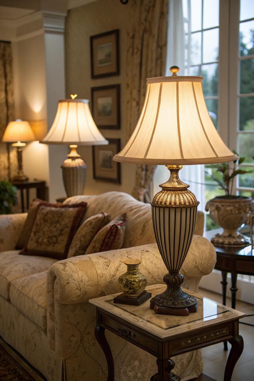Surface luminaries incorporate layers of gentle lighting, enriching the snug atmosphere.