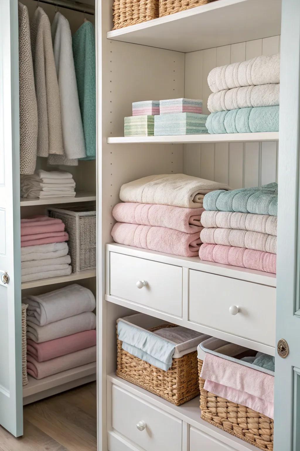 Color coordination enriches the aesthetic elegance of a linen closet.