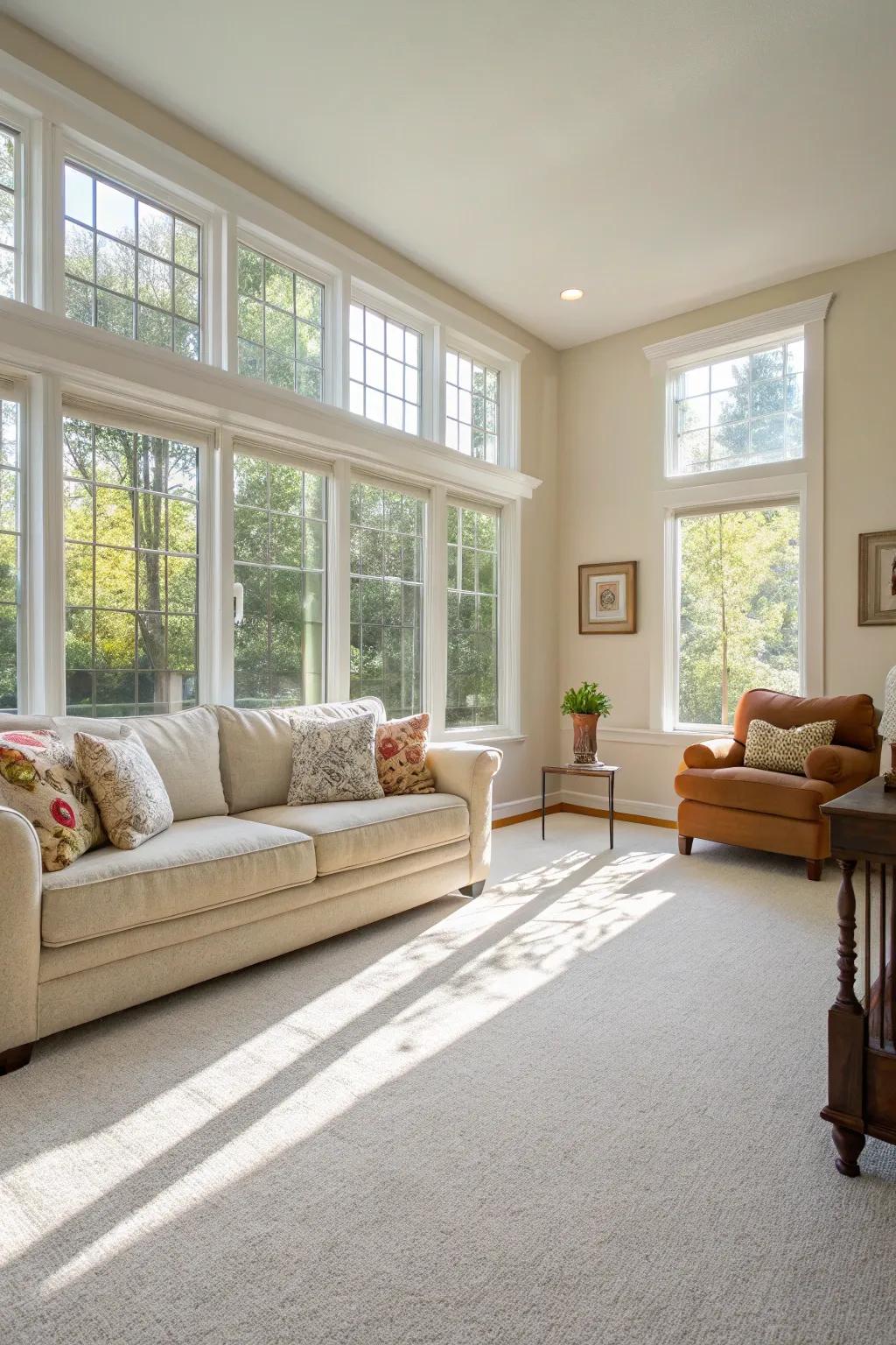 Sunlight and light carpets craft an airy and spacious ambiance.