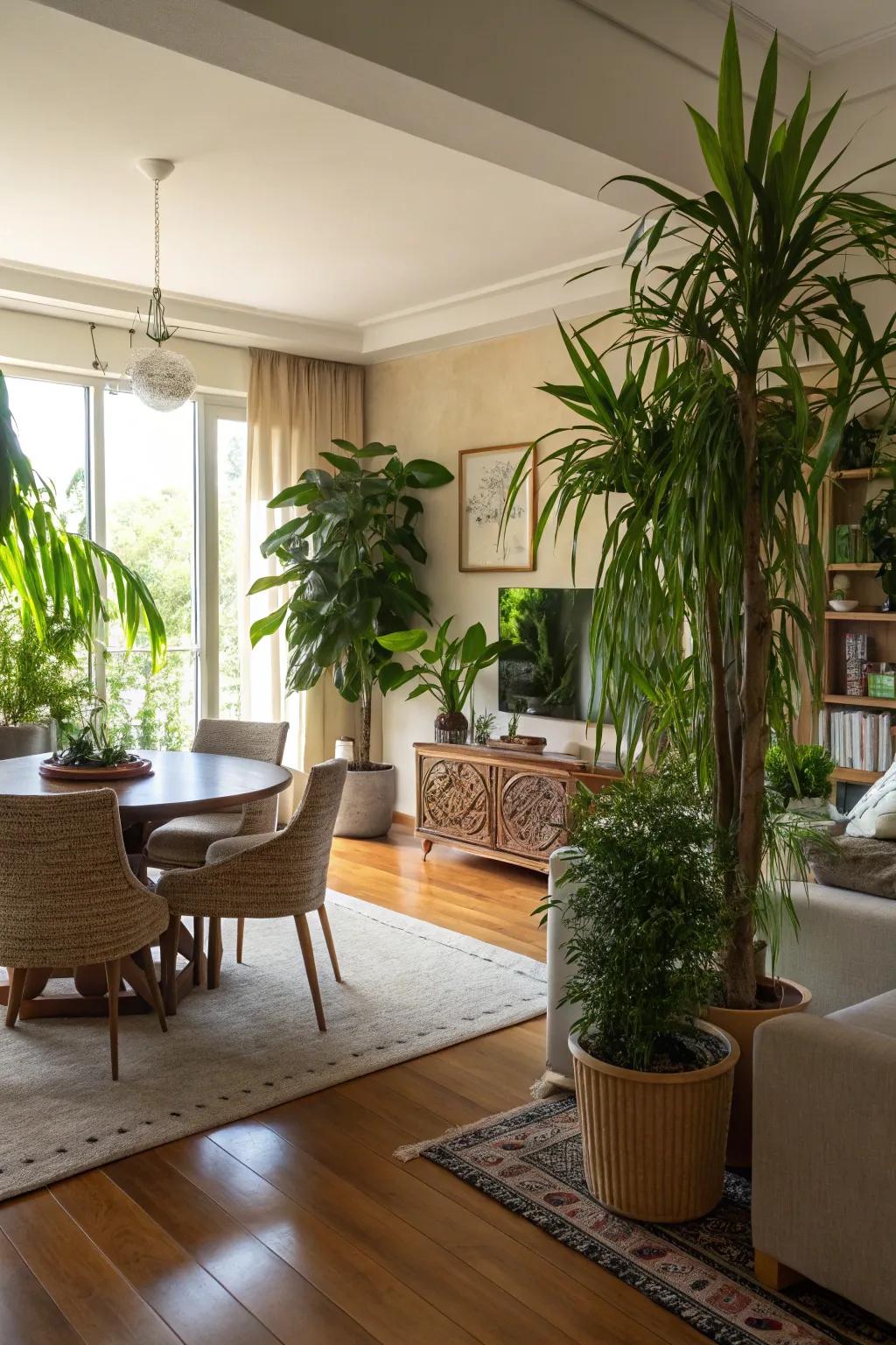 Plants introduce nature inside, gently separating different zones.