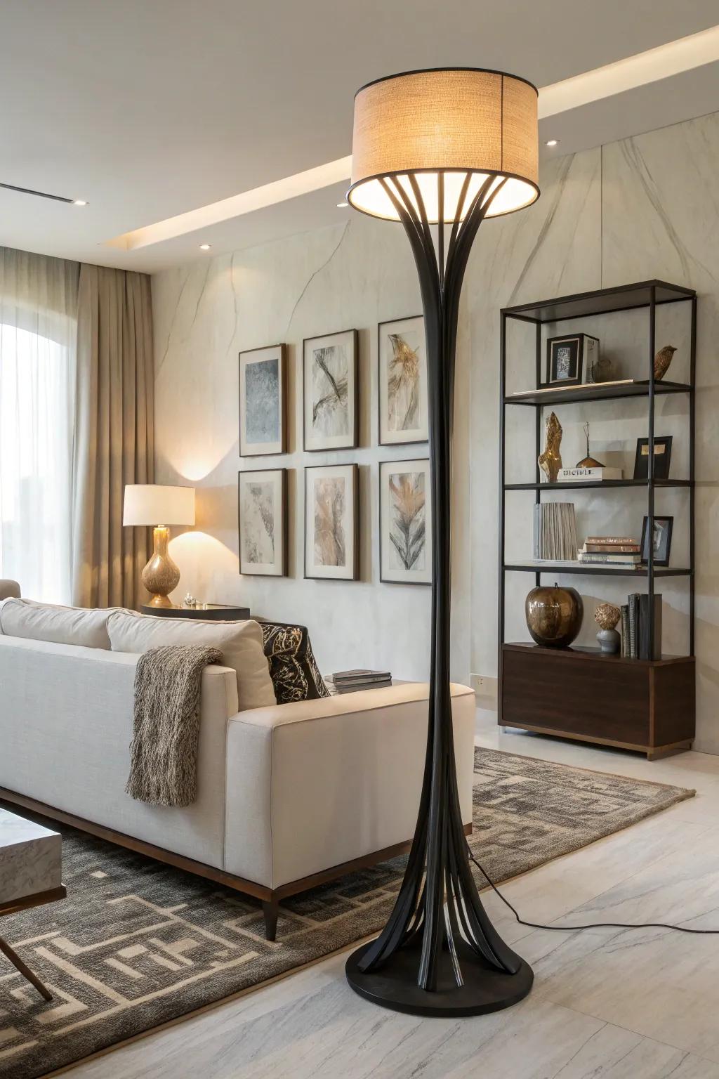 A modern family room featuring a sculptural floor lamp as an artistic centerpiece.