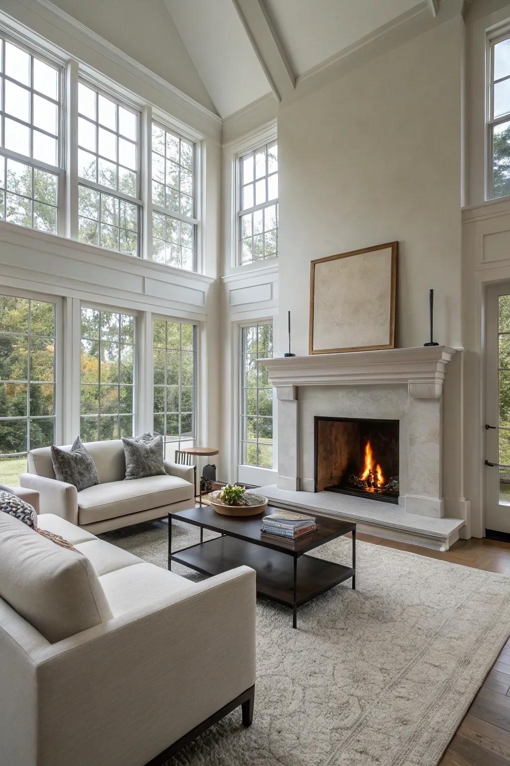 An expansive and graceful living space design that features a hearth.
