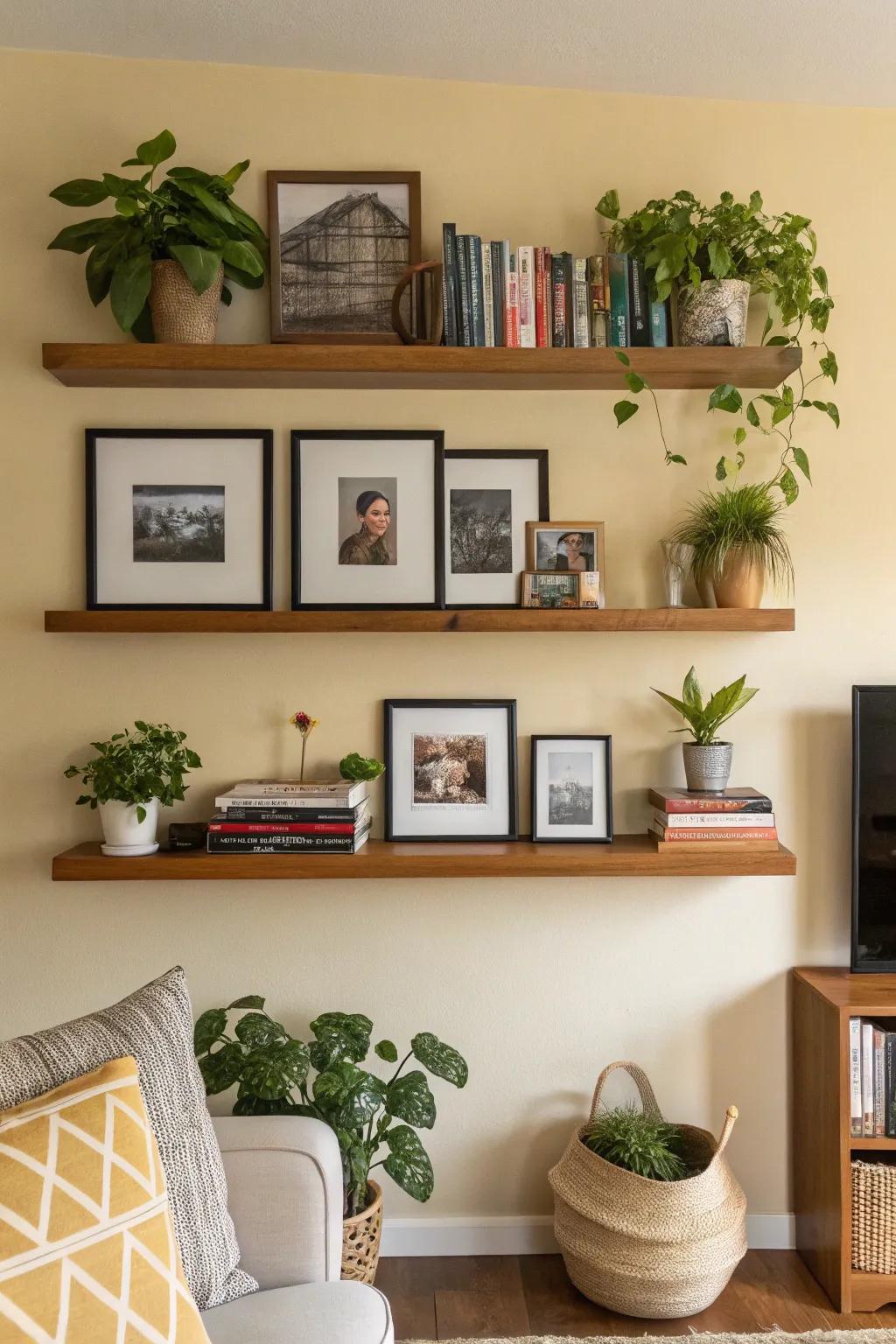 Accentuate your photo display with ledges and flora for a lively sensation.
