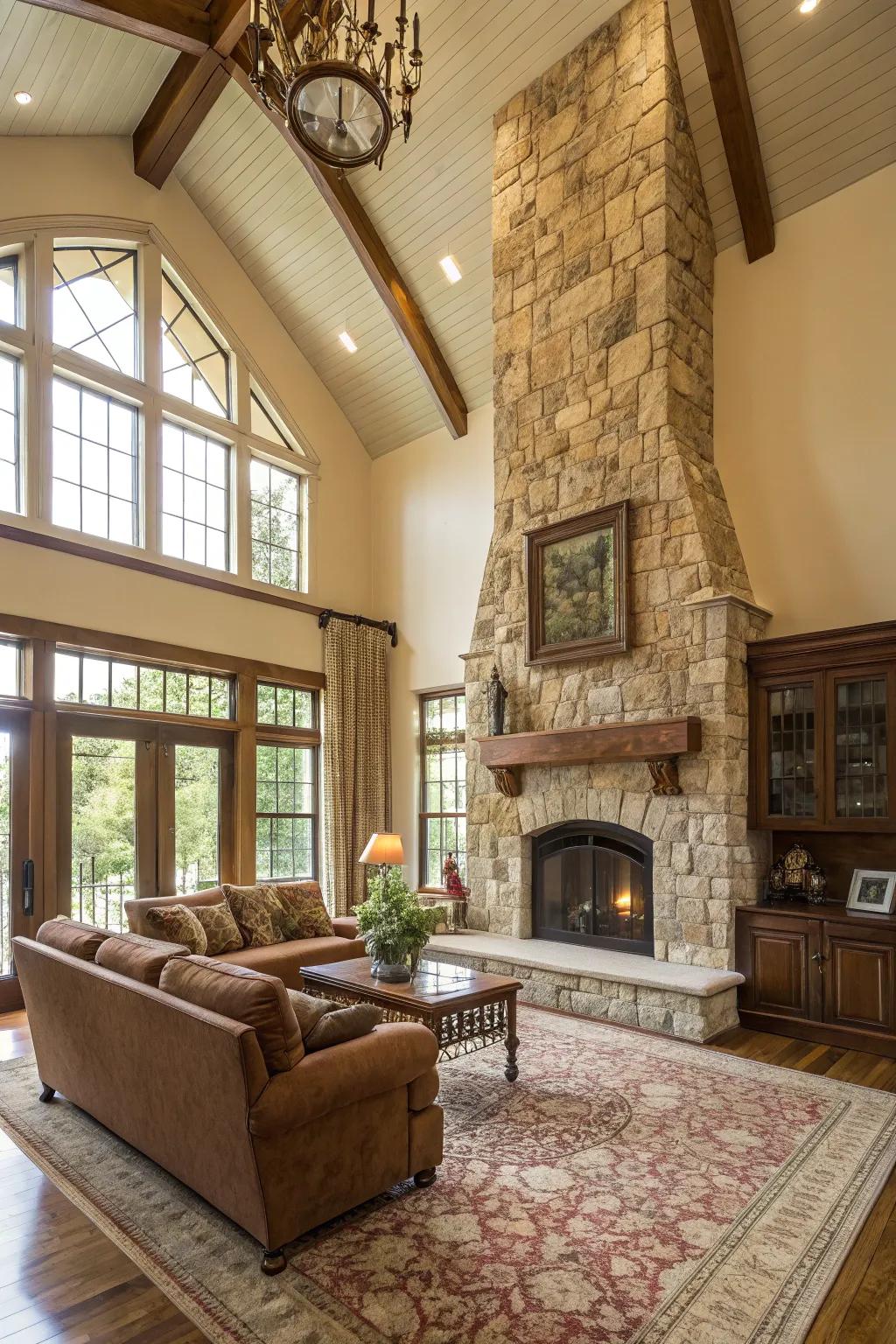 High rooms matched with a large fireplace create an impressive atmosphere.