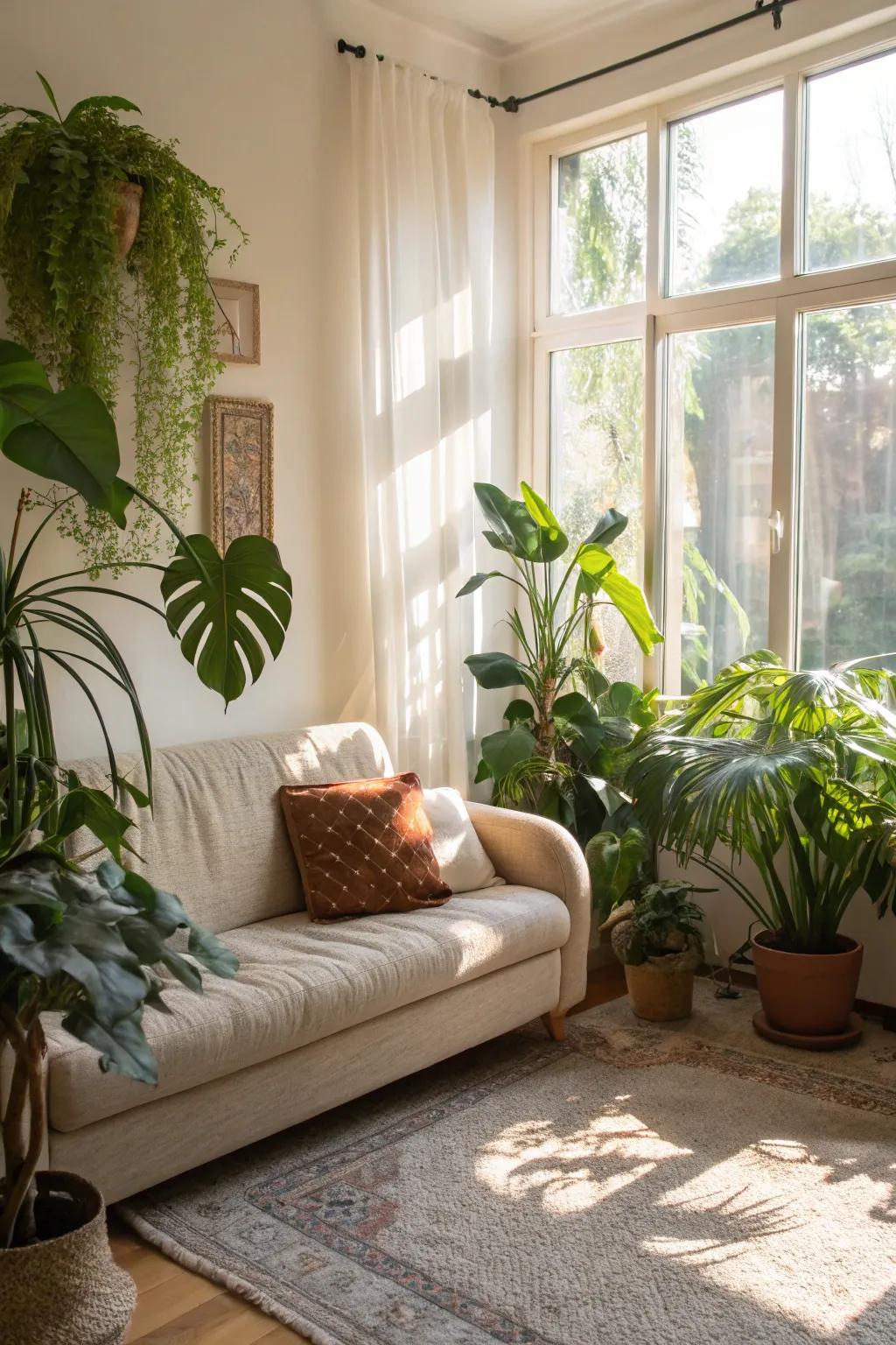 Sunlight and plant life infuse vibrancy into your living space, making it feel airy and energetic.