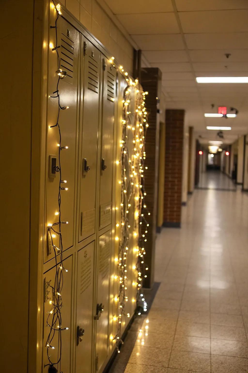 Ornamental draped lights in a locker, adding a cozy and welcoming atmosphere.