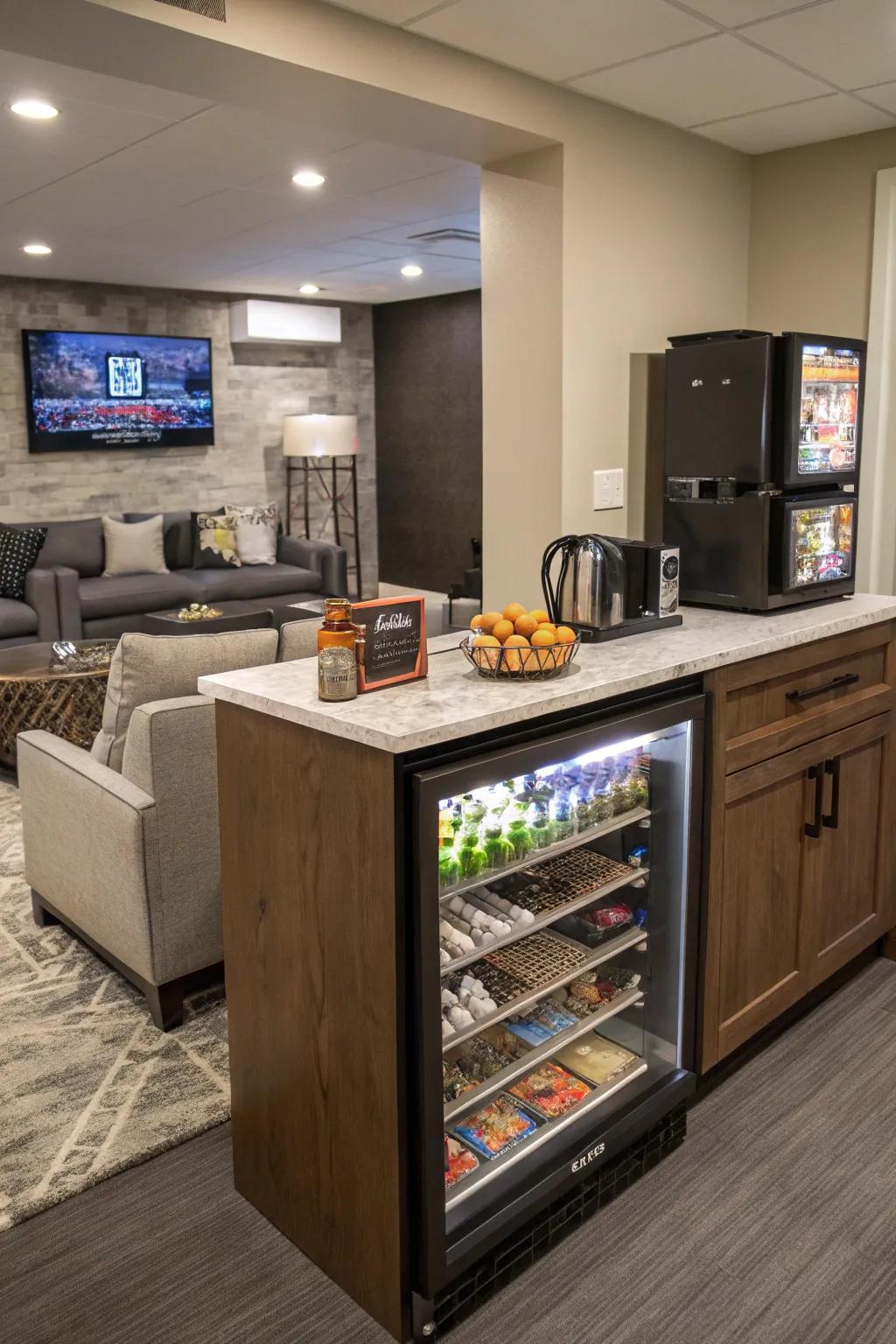 A convenient snack and drink area sustains energy during game evenings.
