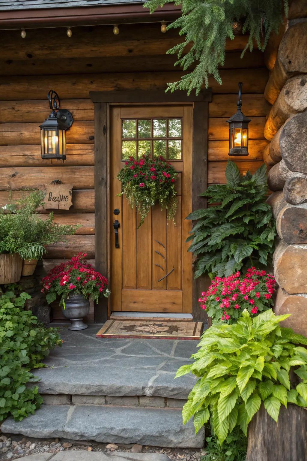 A cozy log cabin entryway with plants and lanterns.