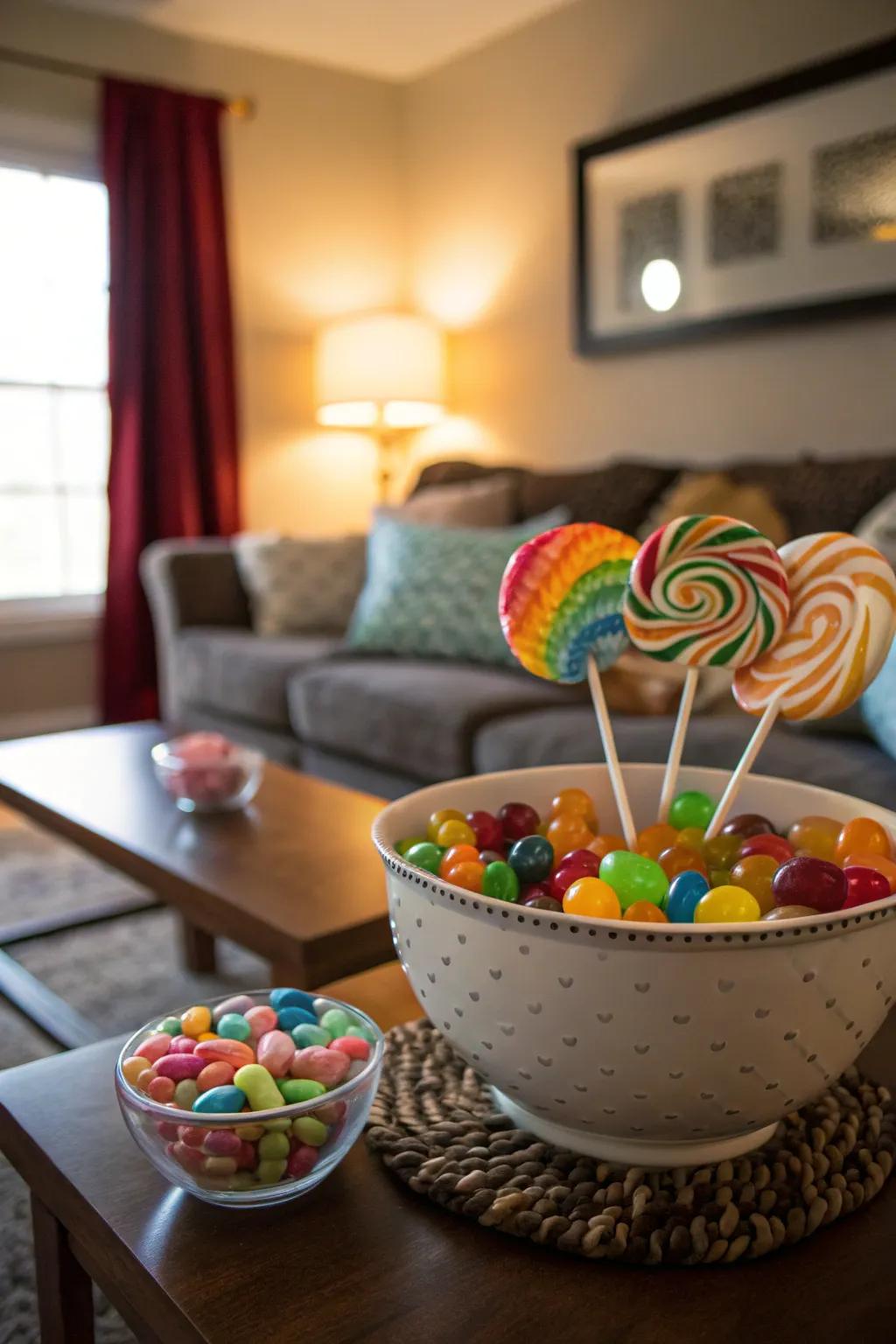A captivating blend of lollipops and candy beans results in a radiant exposition.