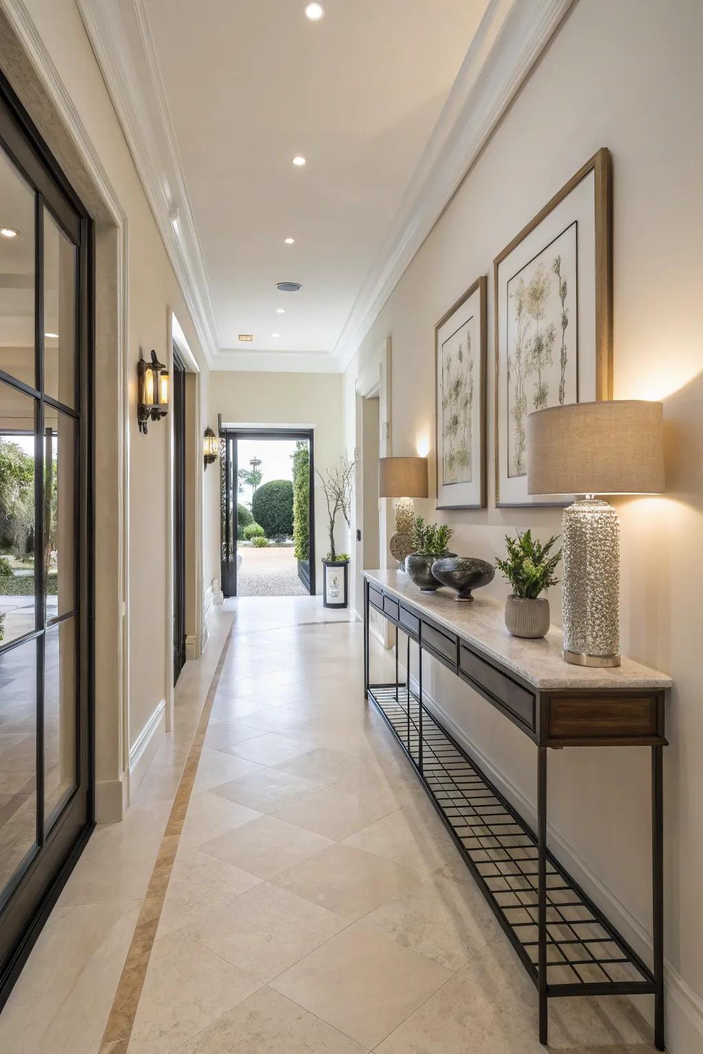 A streamlined console table harmoniously blends utility and style in this extended entryway.