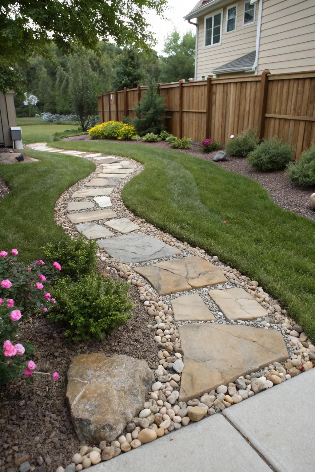A front yard incorporates paving stones and gravel, decreasing lawn upkeep.