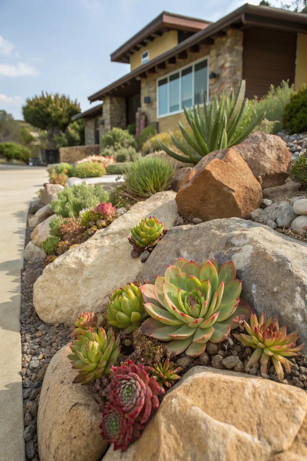 Fleshy plants nestled amongst stones for effortless maintenance and splendor.