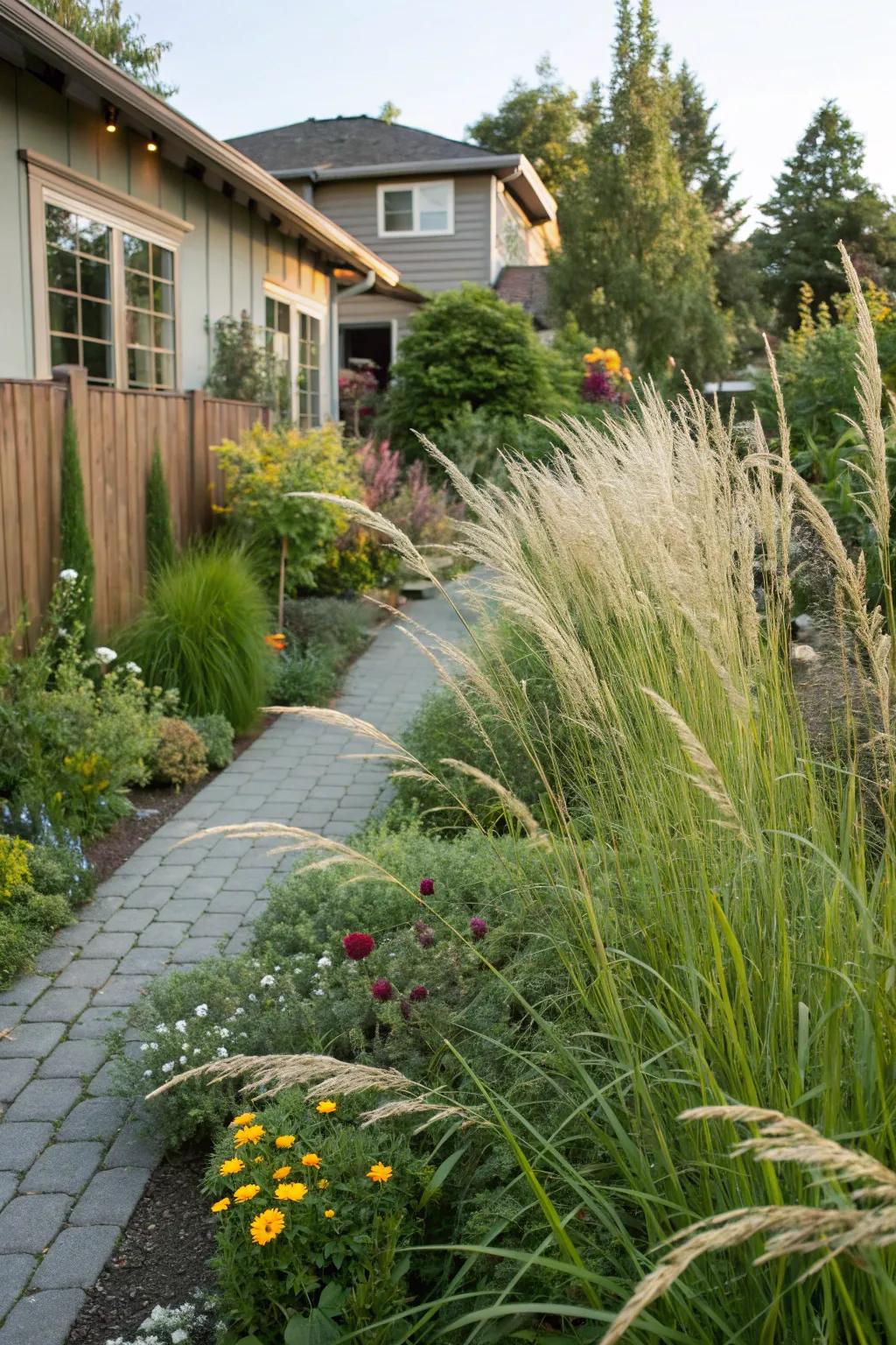 Tall grasses furnish a natural privacy screen in a low-maintenance garden.
