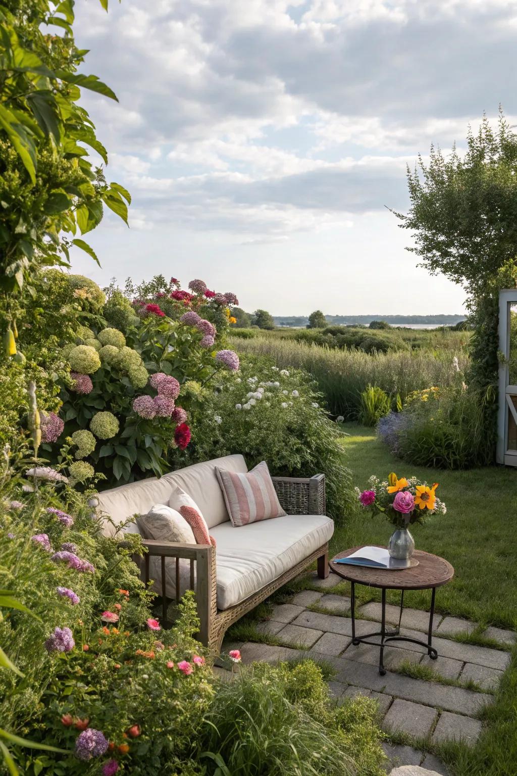 A serene seating zone encircled by lush perennials.