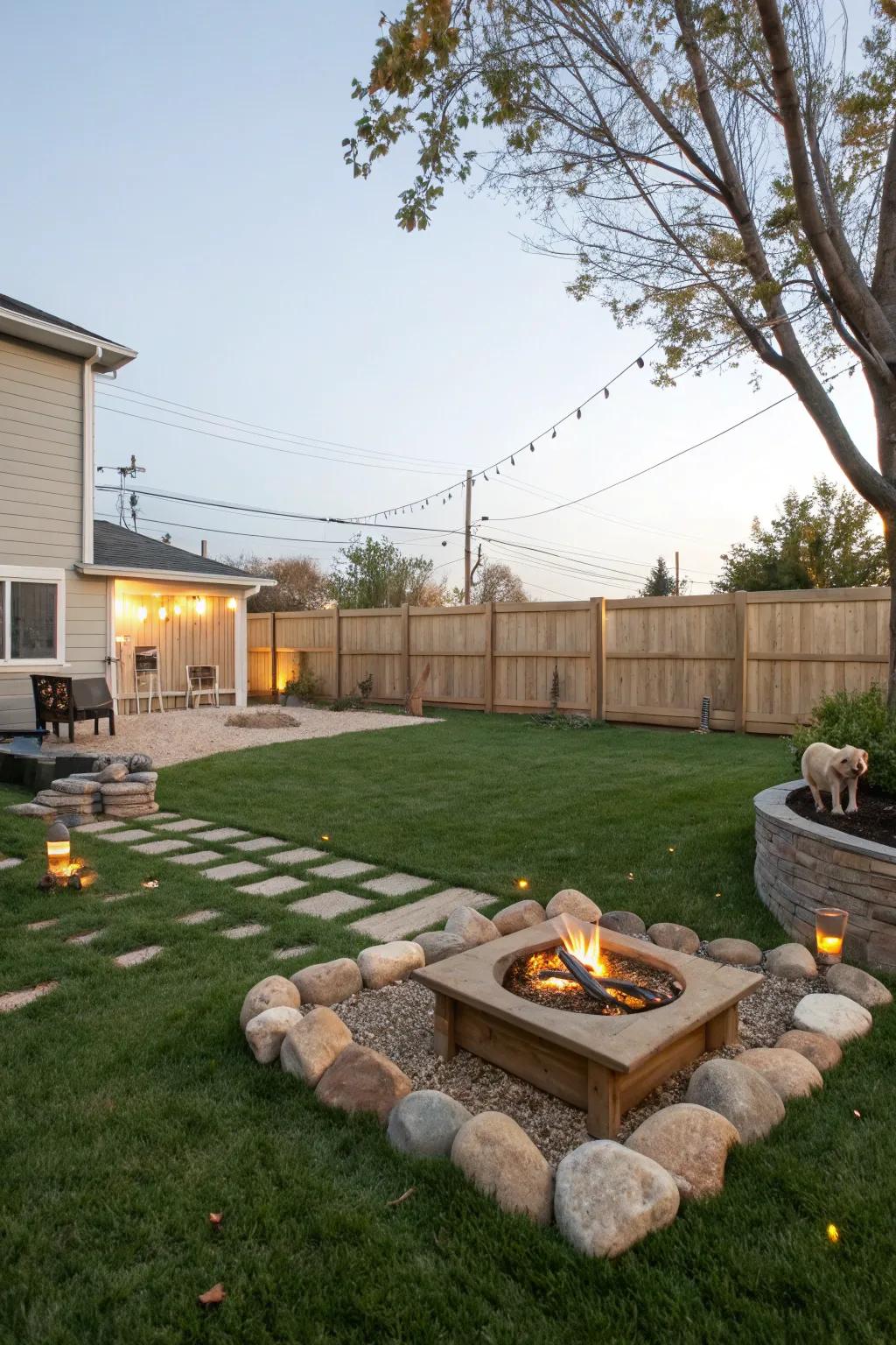 A welcoming fire feature zone that complements a pet-permissive milieu.