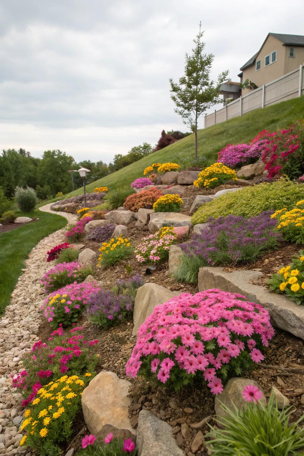 Bright blooms bring life and longevity to sloping gardens.