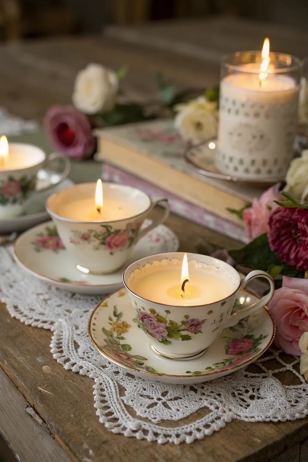 Charming luminaries crafted from antique teacups introduce whimsy and warmth to any gathering.