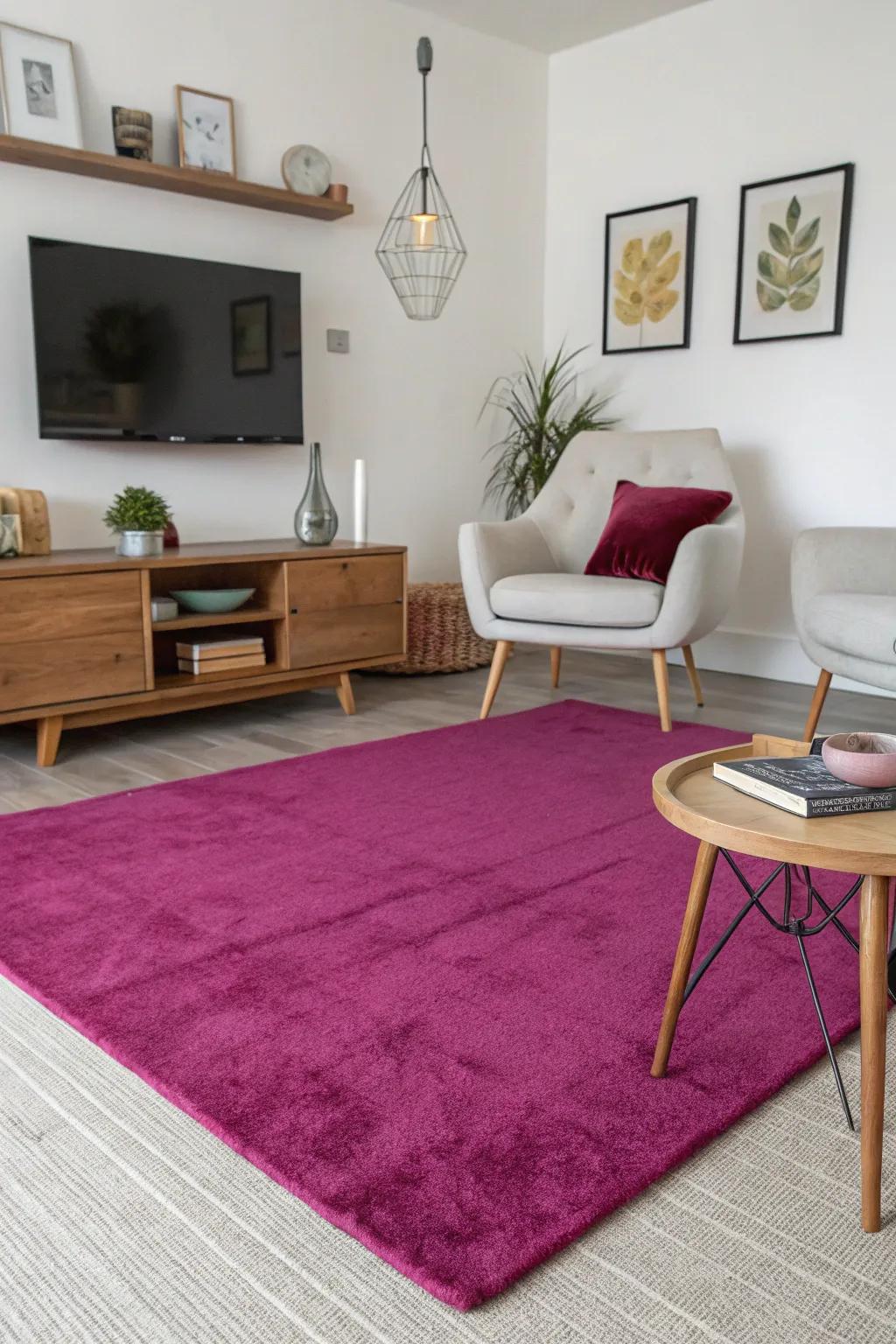 A vibrant cerise rug ties this modern living room together beautifully.