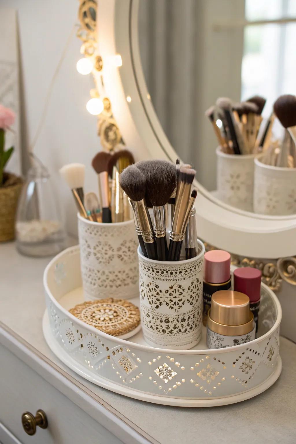 A tray display adds extravagance and structure to makeup brush storage.