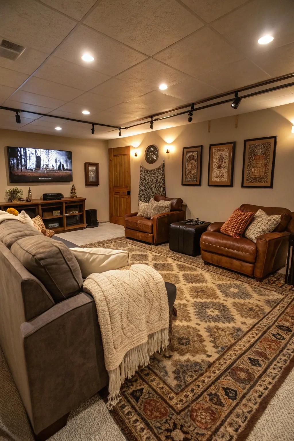 Welcoming rugs and soft throws contribute comfort and flair to this man cave setting.