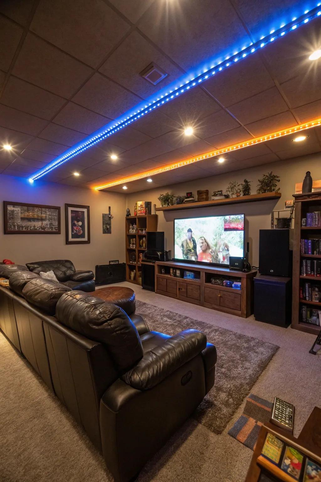 Perimeter illumination with hue-shifting LED strips within a man cave.