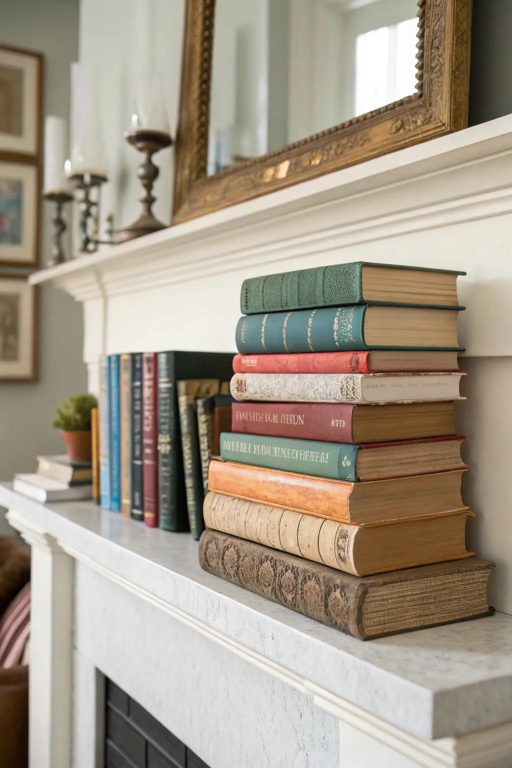 Curated book stacks add a touch of sophistication and interest to this mantel.