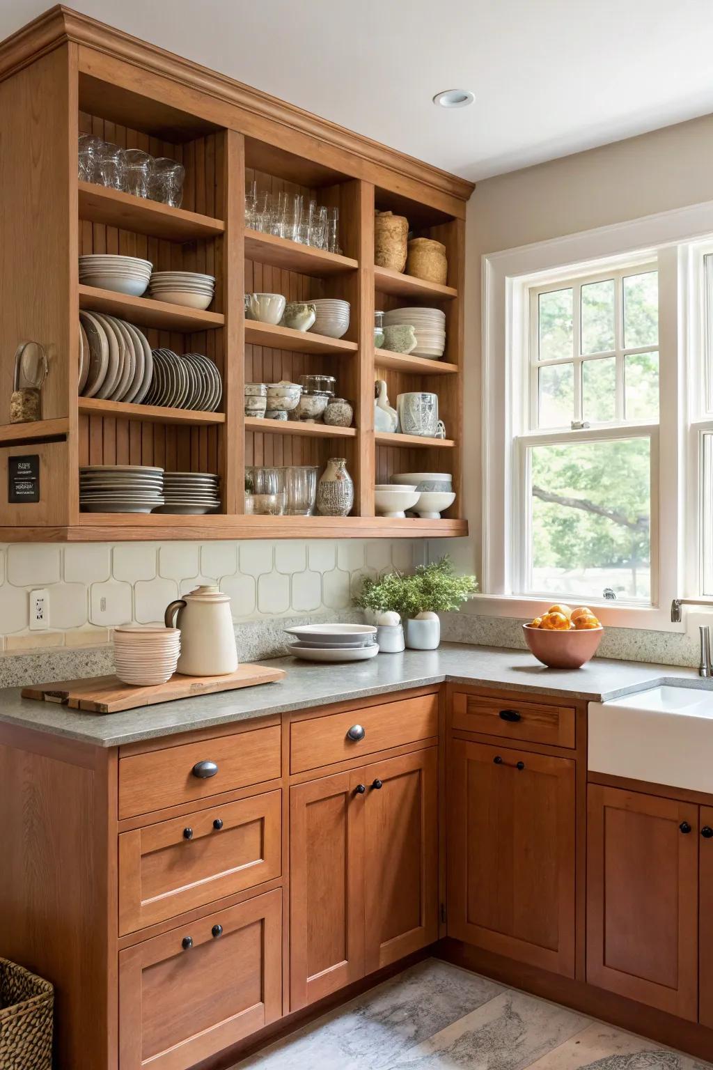 A culinary space merging lightwood units with exposed shelving for a customized aesthetic.