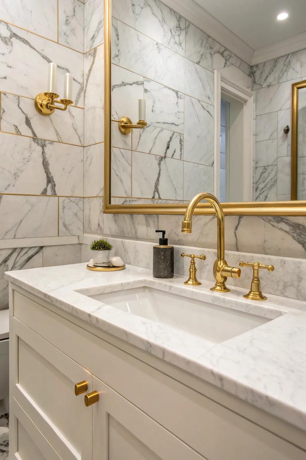 Gilded and bronze features beautifully enhancing limestone-effect porcelain tiles within a deluxe bathroom.