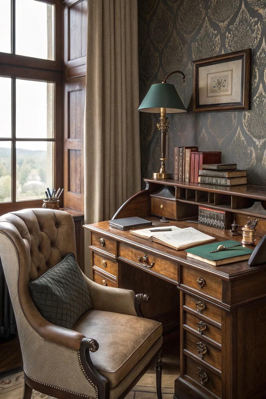 Leather effect wallcovering introduces a touch of luxury.