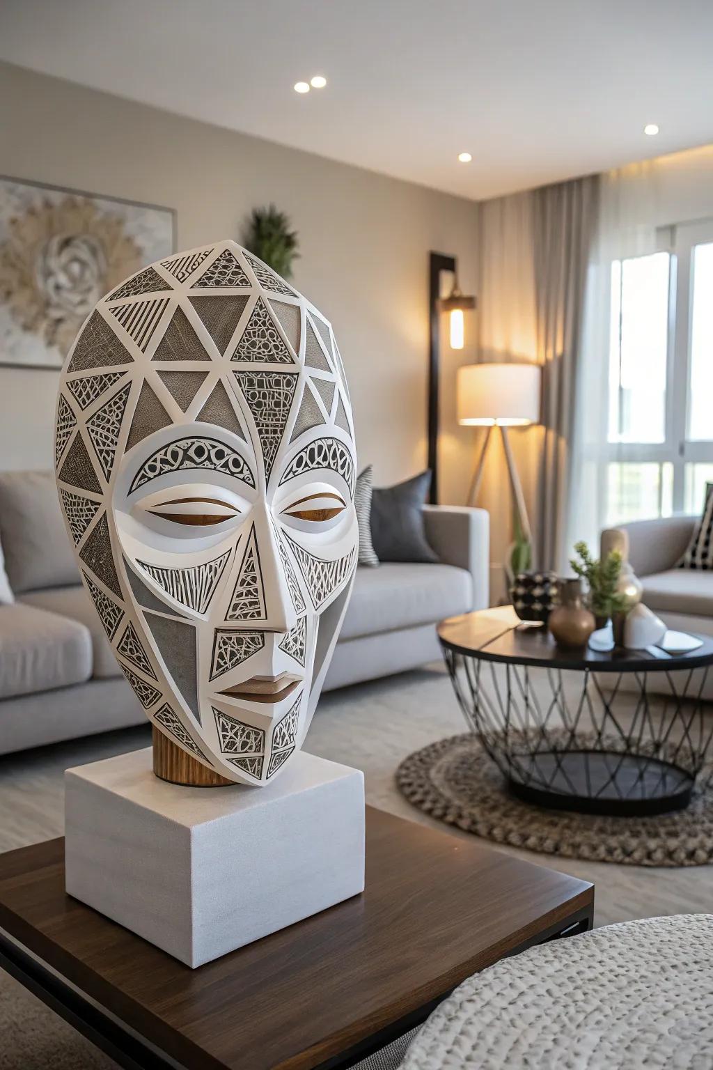 A geometric mask sculpture adding modern flair to home decor.