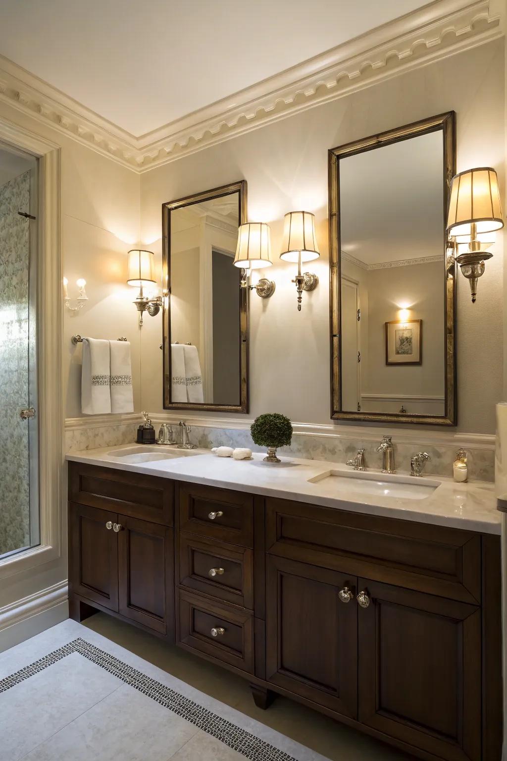 A bathroom layout featuring elegant sconce illumination located above the vanity.