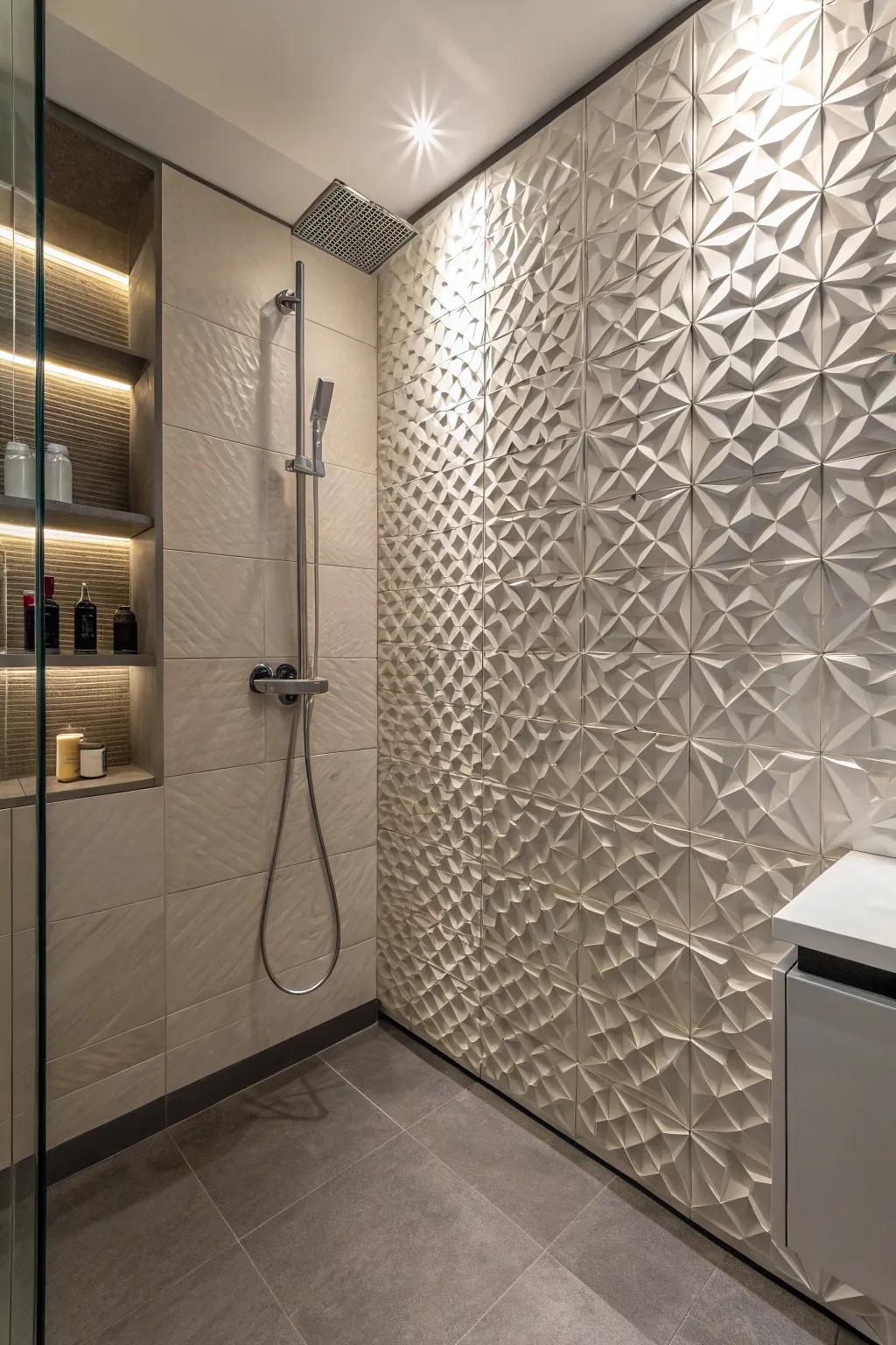 A shower stall conceived with 3D pavers, appending profundity and visual fascination.