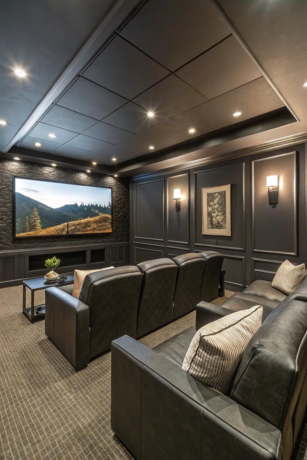 A bold media room showcasing coal walls, perfect for making a dramatic statement.
