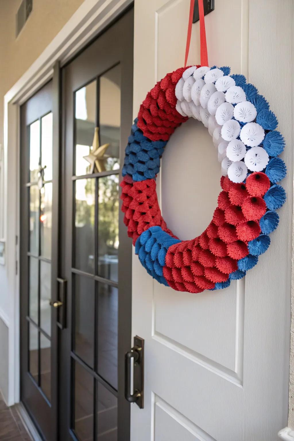 An eco-friendly wreath ingeniously made from recycled fiberboard.