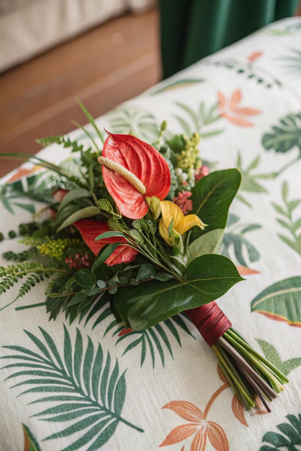 A tropical anthurium boutonniere introduces a lively accent.