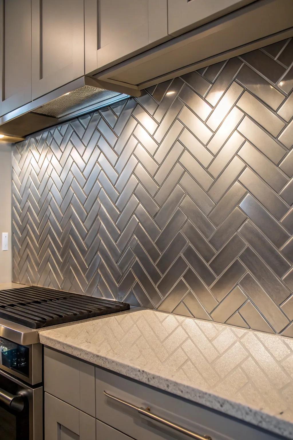 A kitchen wall fitted with a RidgeMetal chevron backsplash.