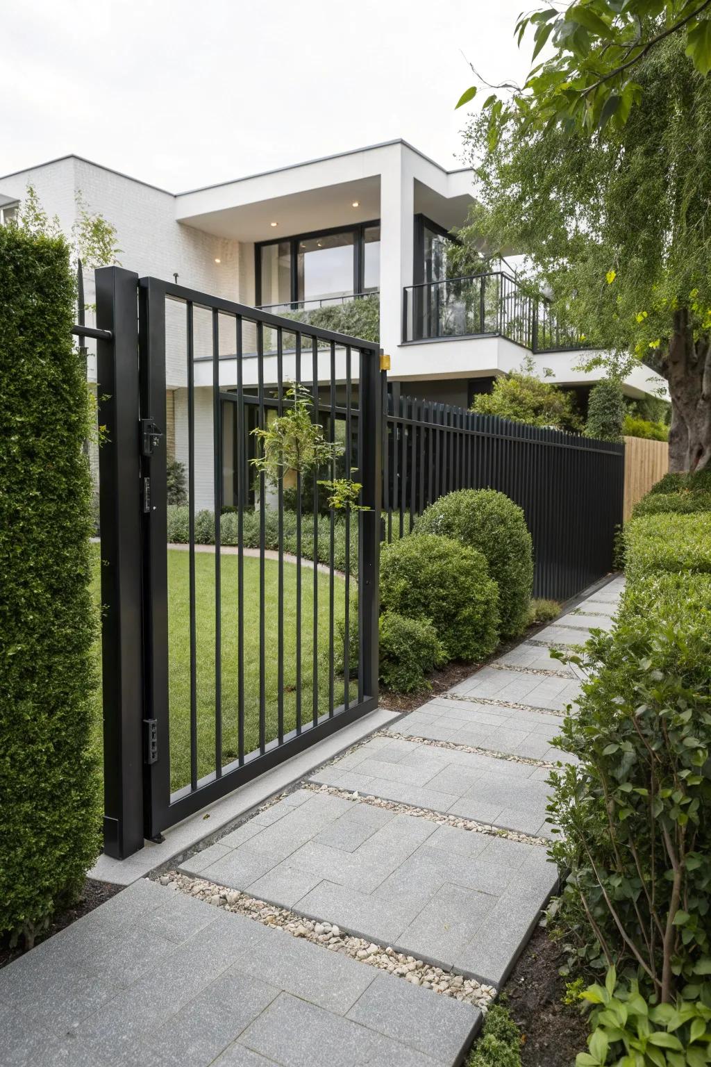 A sleek black metal gate bestowing a contemporary flair upon any dwelling.