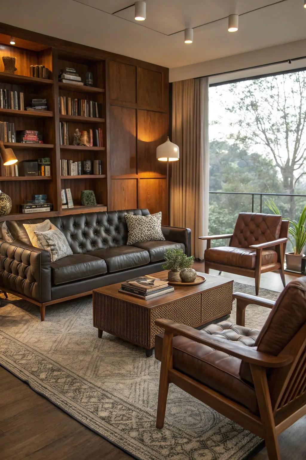 A blend of leather, fabric, and wood textures fashions a cozy and inviting mid-century modern living space.