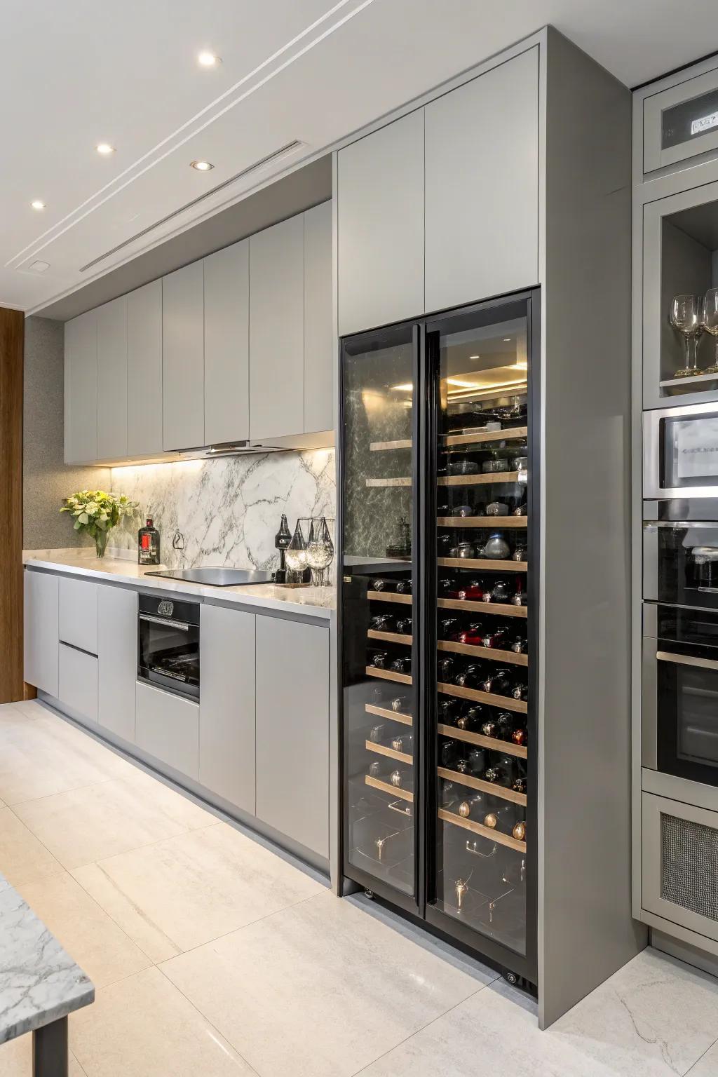 An integrated wine storage unit seamlessly unifies storage capabilities with aesthetic considerations.