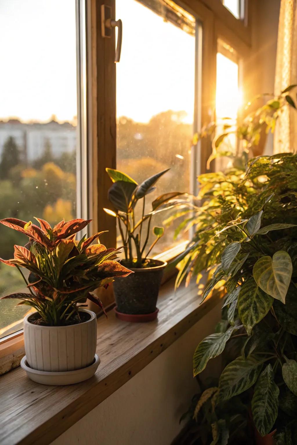 A variety of plants thrive magnificently on a sun-soaked windowsill.