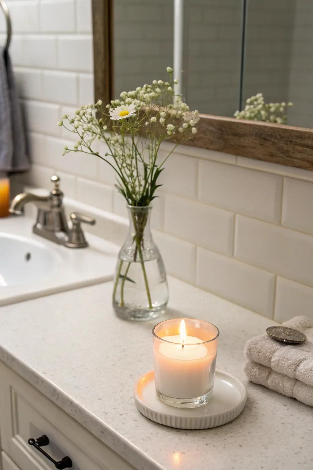 Subtle ornamentation improves the bathroom's minimalist aesthetic.