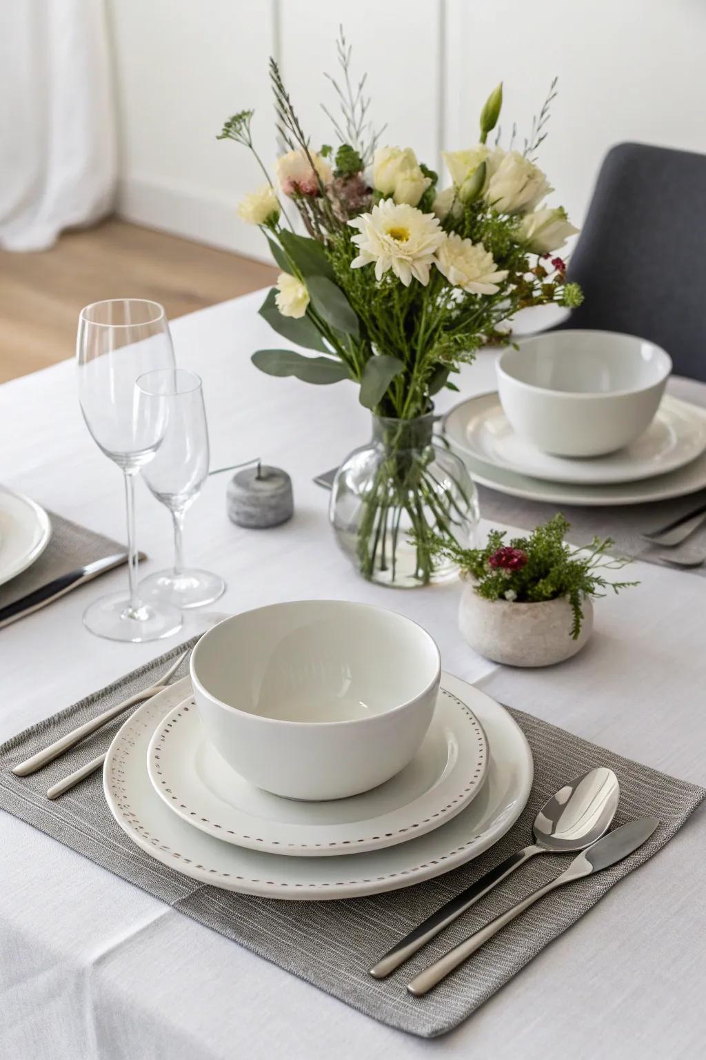 Minimalist table settings fashion a sophisticated dining atmosphere.