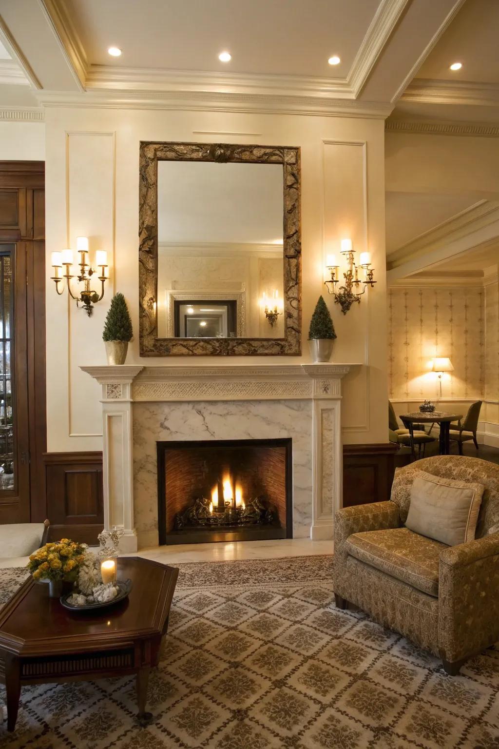 Sconces beside a mirror create an inviting and warm atmosphere.