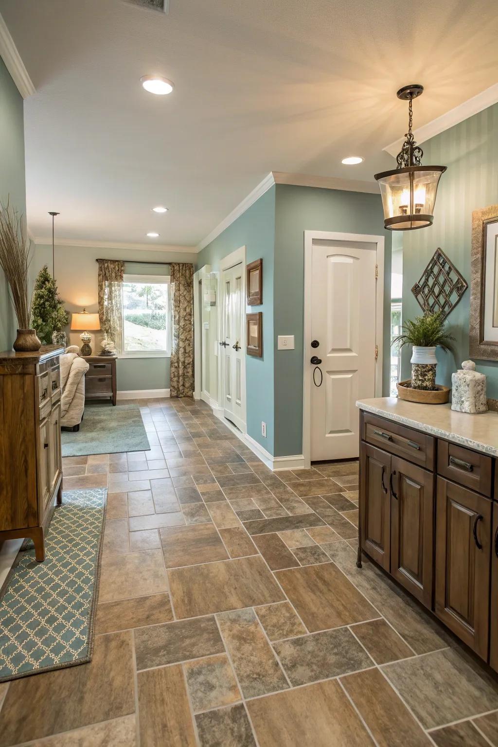 A unified hue scheme binds different flooring types for a seamless visual.