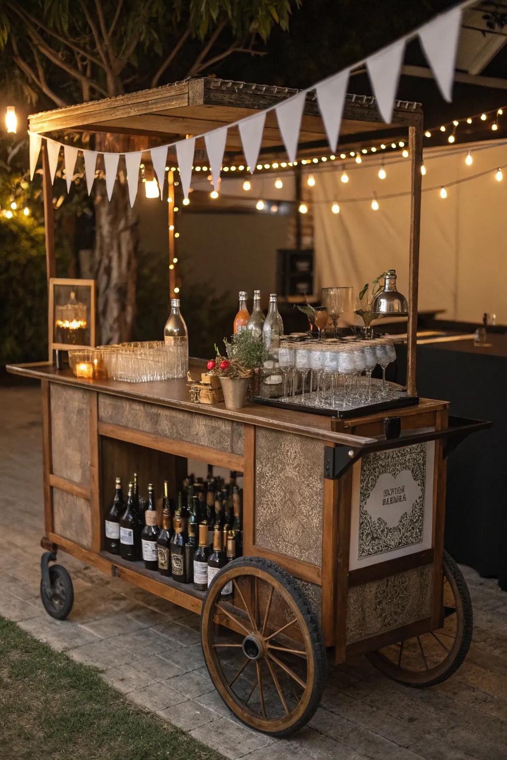Vintage elements enhance the nostalgic charm of this rolling bar.