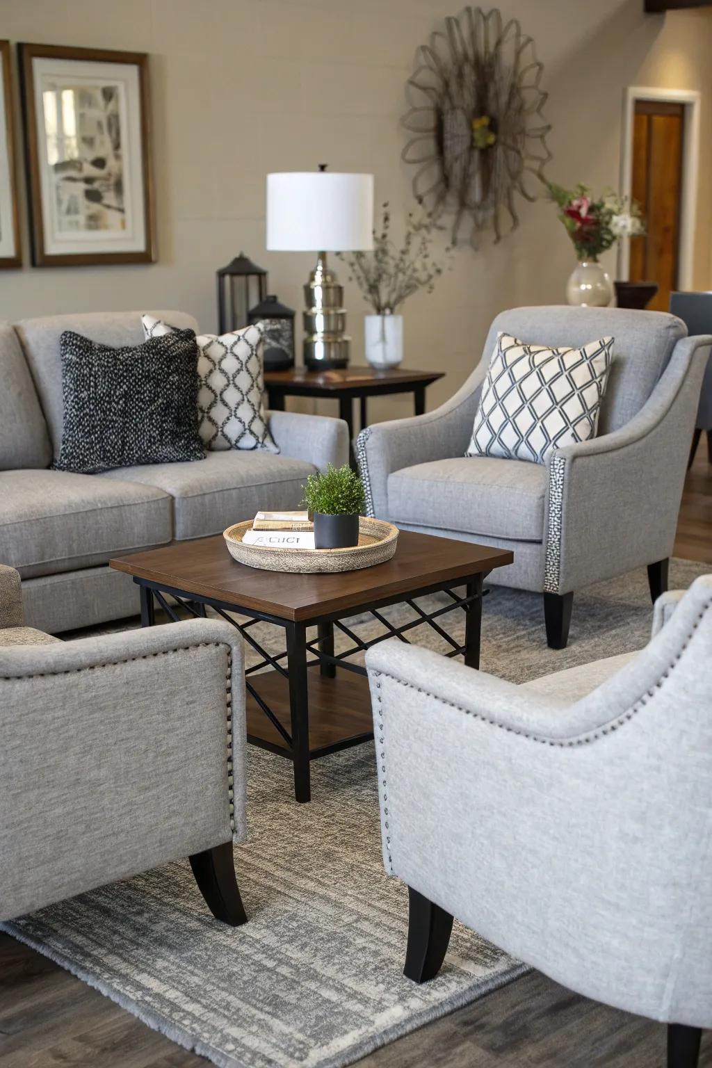 Grey accent chairs featuring ebony legs offer refined seating choices.