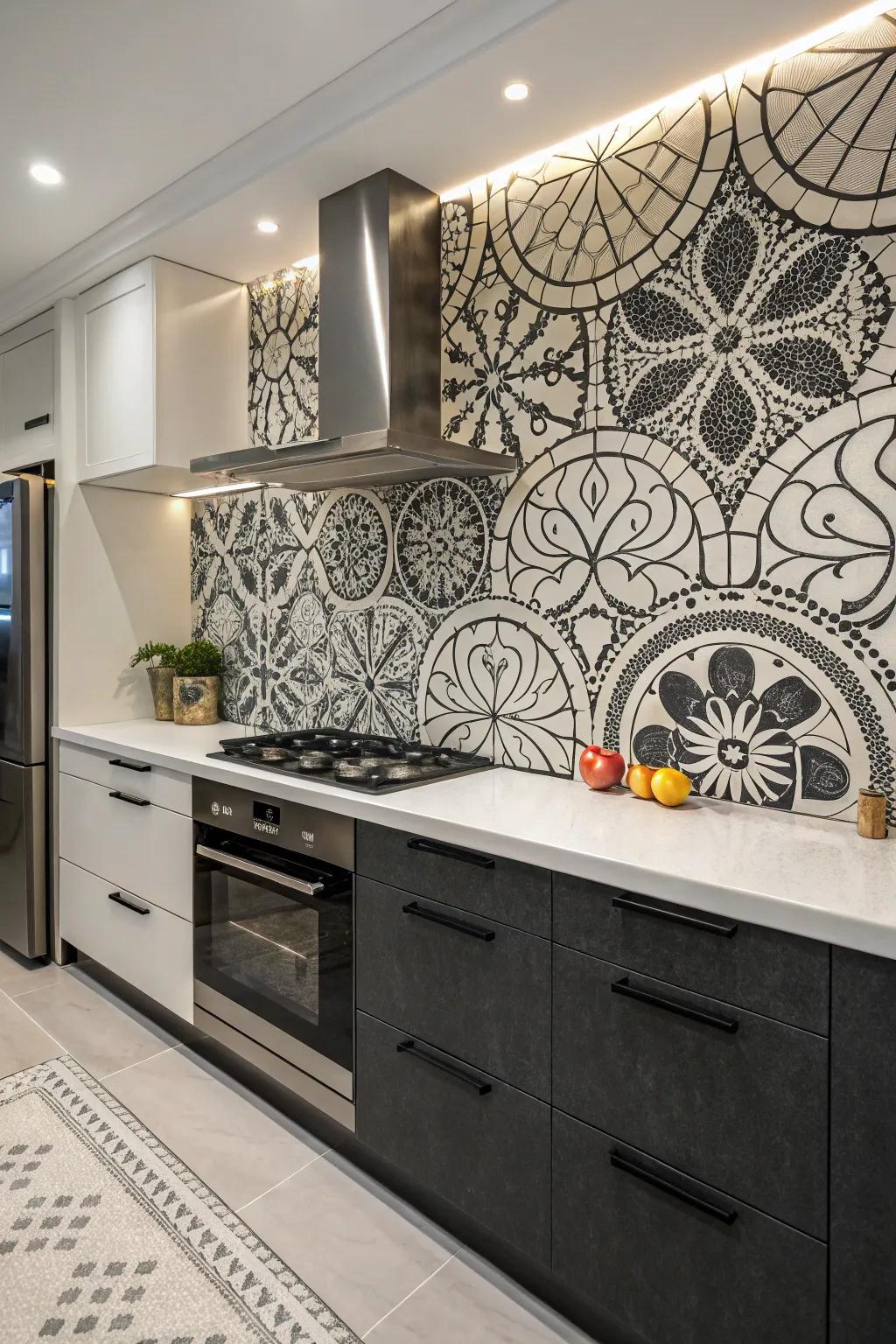 Monochrome mosaics craft a captivating focal point in the kitchen.