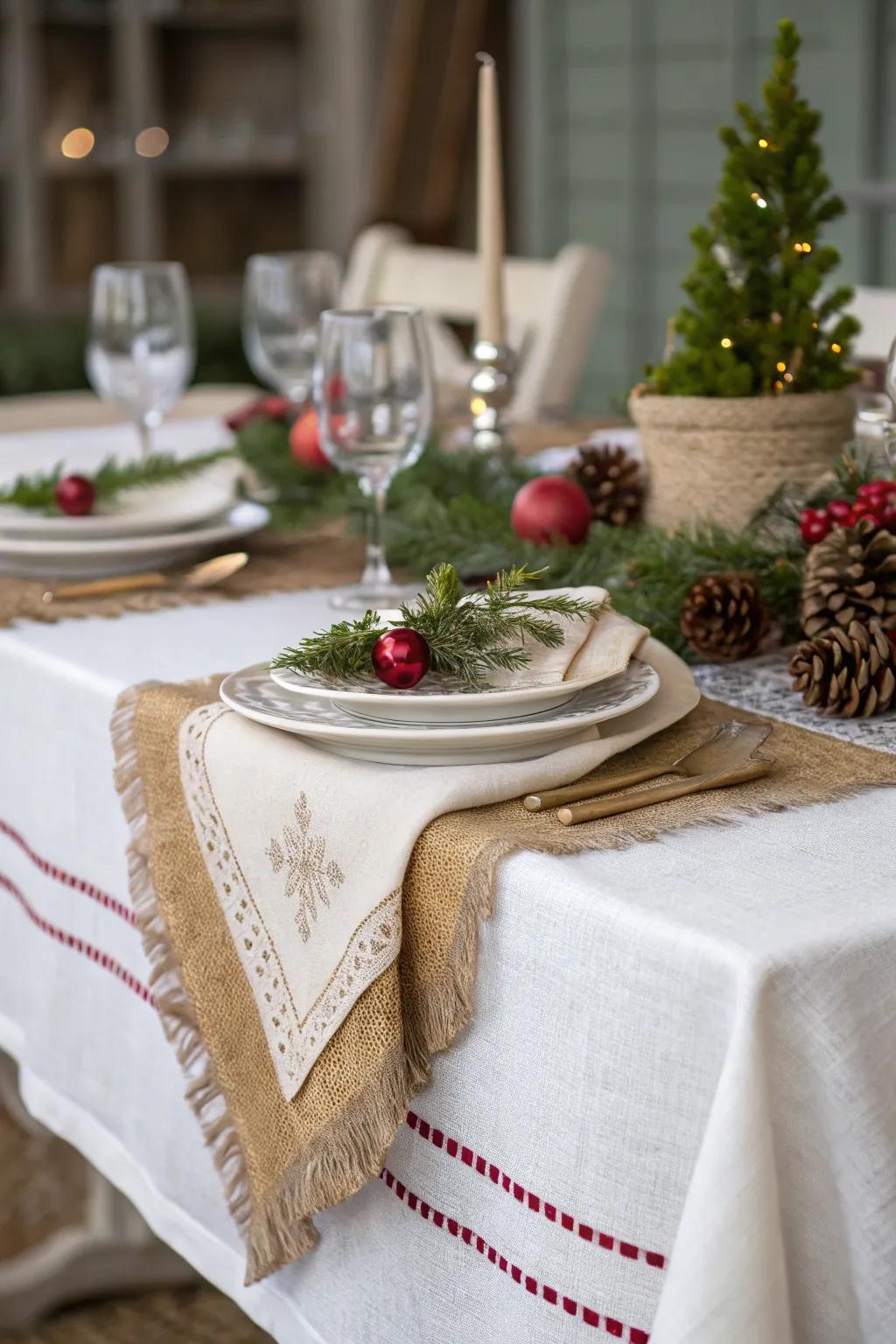 A multi-layered table presentation featuring linen and burlap for added depth.