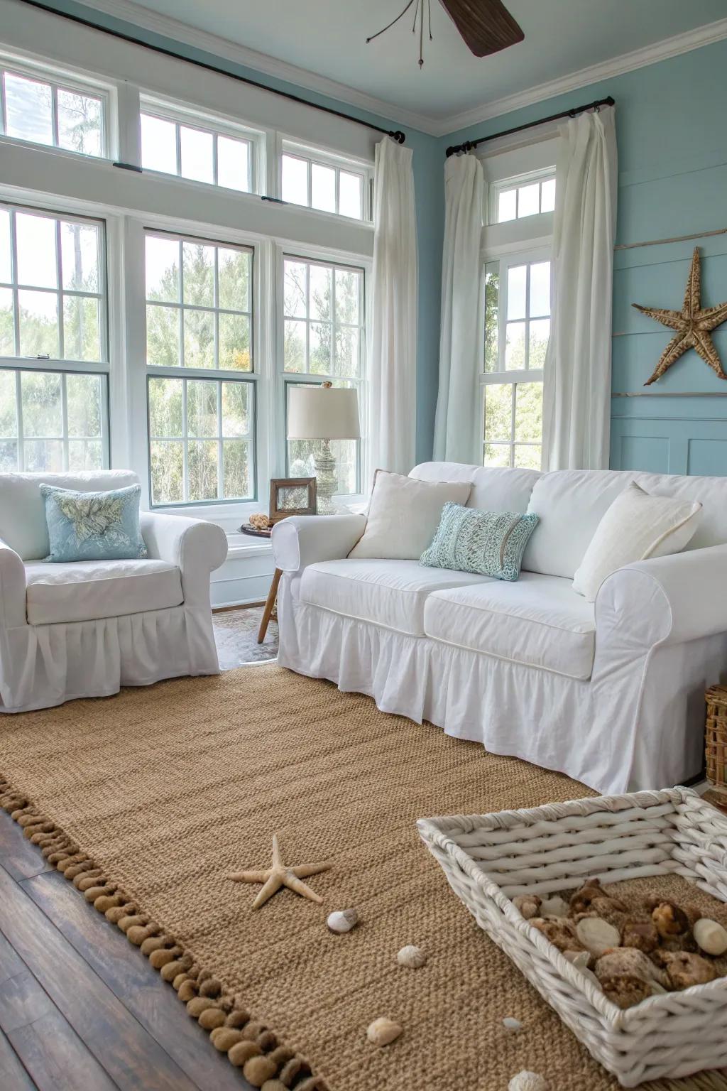 Covered furnishings deliver a relaxed sophistication.