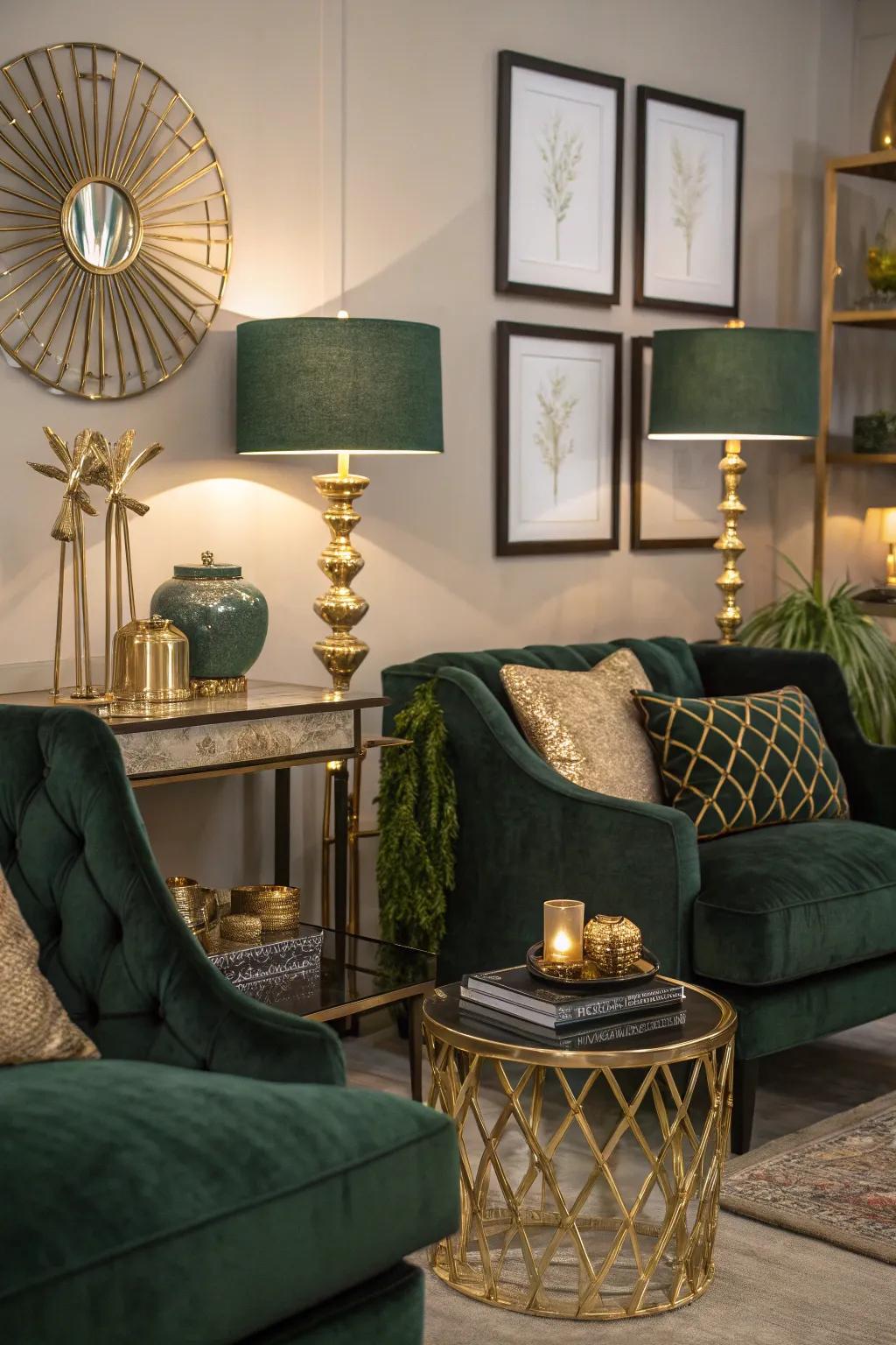 Metallic accents add a touch of luxury to dark green interiors.